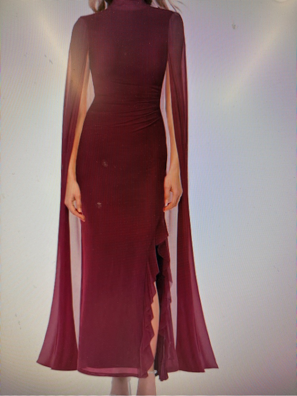 Elegant Burgundy Long-Sleeve Cape Midi Dress XL